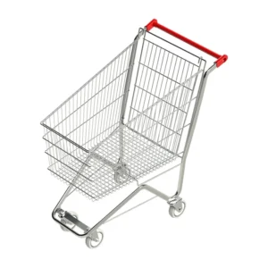 Carrinho Cesto Simples Linha Premium, cesto único em arame cromado, cabo vermelho, visto em ângulo de três quartos sobre fundo branco.