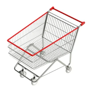 Carrinho de supermercado Max Car 200 litros, cesto em arame zincado com corrimão vermelho, visto em ângulo de três quartos sobre fundo branco, com quatro rodas giratórias.