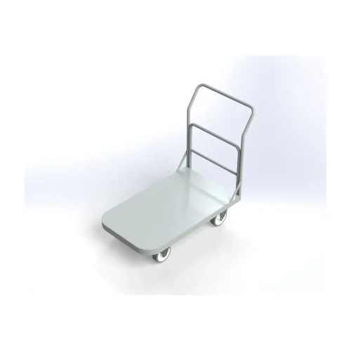 Carro Plataforma sem abas laterais: base retangular metálica sobre quatro rodas, com corrimão vertical na parte de trás, em cinza claro, visto em ângulo de três quartos.
